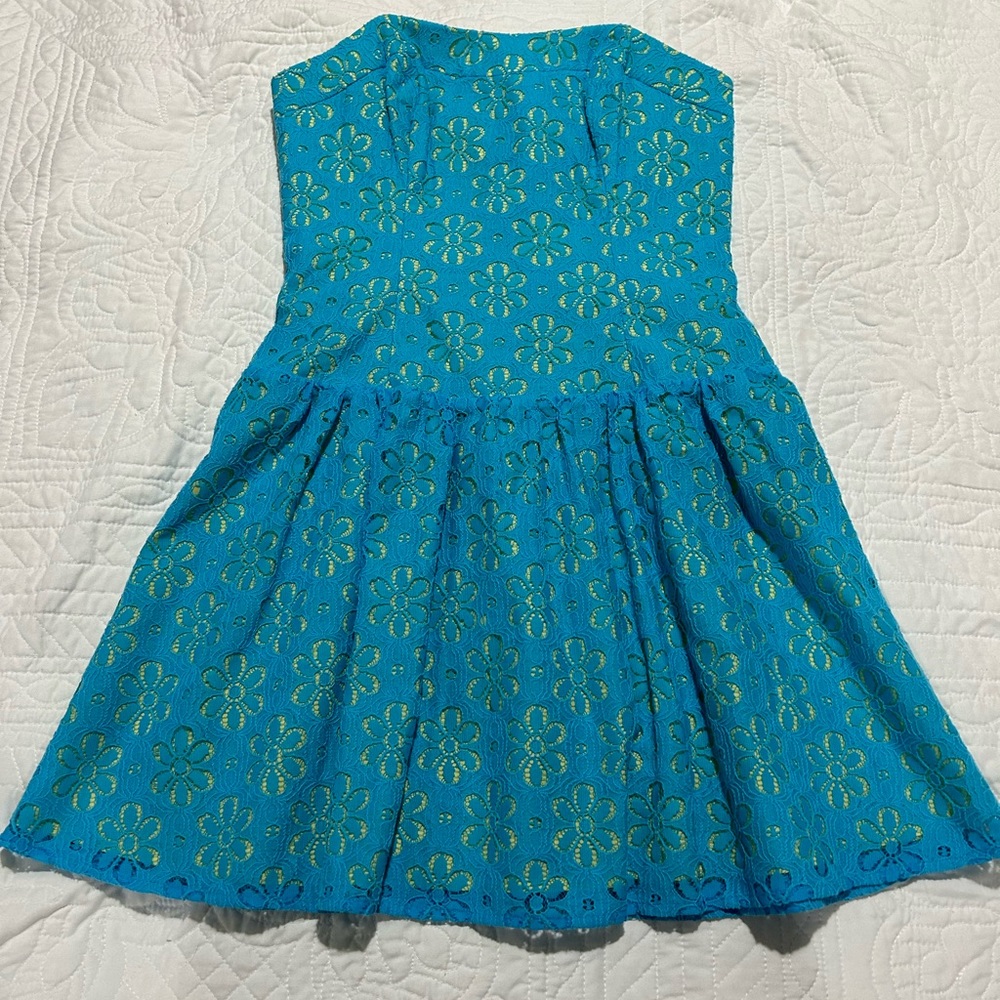 Lilly Pulitzer yellow with turquoise lace overlay strapless minidress size 2.